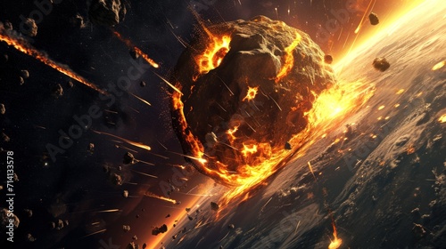 a huge gigantic burning asteroid in space flyng towards the planet earth photo