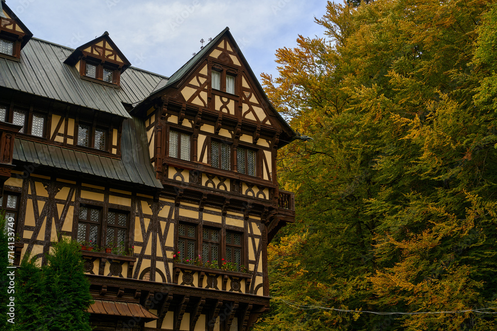Castelul Pelișor near Peles Castle on a cloudy autumn day Castelul Pelișor near Peles Castle on a cloudy autumn day