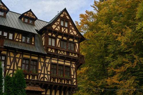 Castelul Pelișor near Peles Castle on a cloudy autumn day