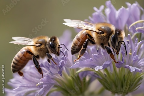 two bees are on top of purple flowers, Ai Generated