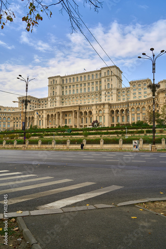 Street side view of the Palace of the Parliament in central Bucharest