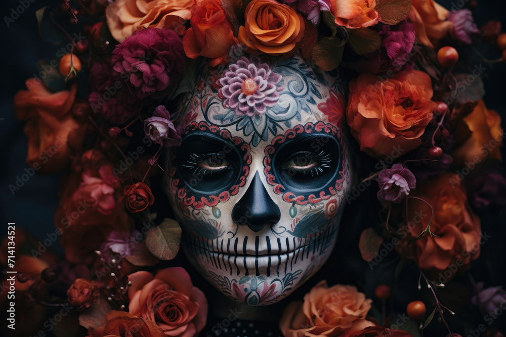 Dead make up face among flowers Dead make up face among flowers