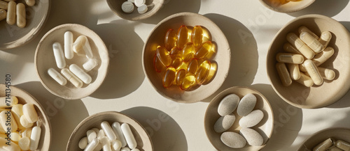 Assorted supplements in ceramic dishes, a modern tableau of health and wellness photo