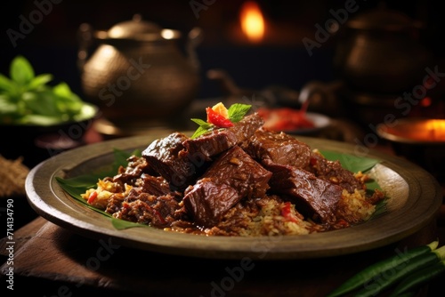 Indonesian Delicacy: Highlighting the Slow-cooked Perfection of Rendang, this Culinary Showcase Captures the Exquisite Blend of Richness and Savory Texture in a Coconut-infused Stew.