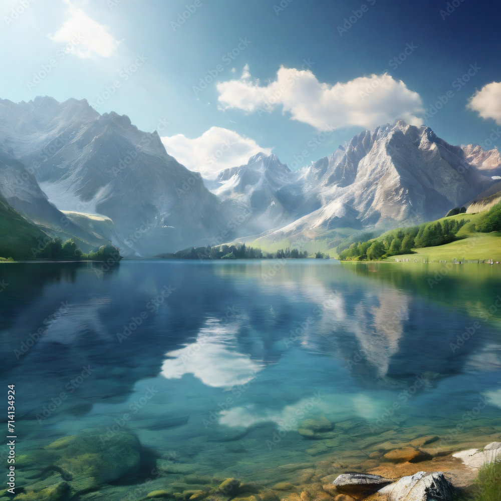 Turquoise Waters of a Mountain Lake Mirror the Sky, Set Against a Backdrop of Craggy Peaks and Verdant, Wild Landscapes. Turquoise Waters of a Mountain Lake Mirror the Sky, Set Against a Backdrop of Craggy Peaks and Verdant, Wild Landscapes.