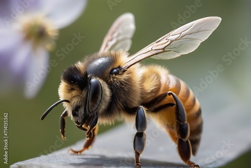 a close up of a bee with a flower in the background
