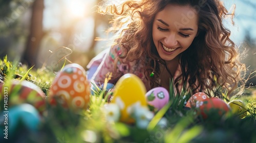 A joyful woman participating in an Easter egg search, stooping to retrieve a secret surprise with delight photo