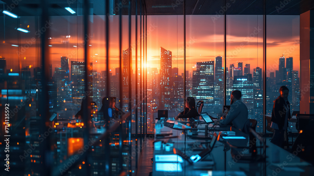 Corporate Office with City Skyline at Sunset