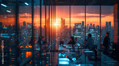 Corporate Office with City Skyline at Sunset