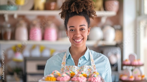 A woman with a bright smile holding a tray of freshly baked Easter treats, ready for a festive gathering photo