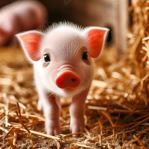 Curious small piglet. Pig indoor on farm. Pork livestock breeding.