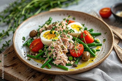 Savor the Vibrant and Colorful Palette of Salade Niçoise, a Refreshing Salad Originating from Nice, Bursting with Tuna, Eggs, Tomatoes, Olives, and Green Beans photo