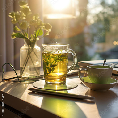 cup of green tea on table