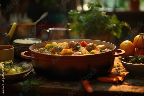 Dominican Culinary: Highlighting the Heartiness of Sancocho, a Traditional Dominican Stew Bursting with a Variety of Meats, Tubers, and Vegetables Simmered to Culinary Perfection. photo