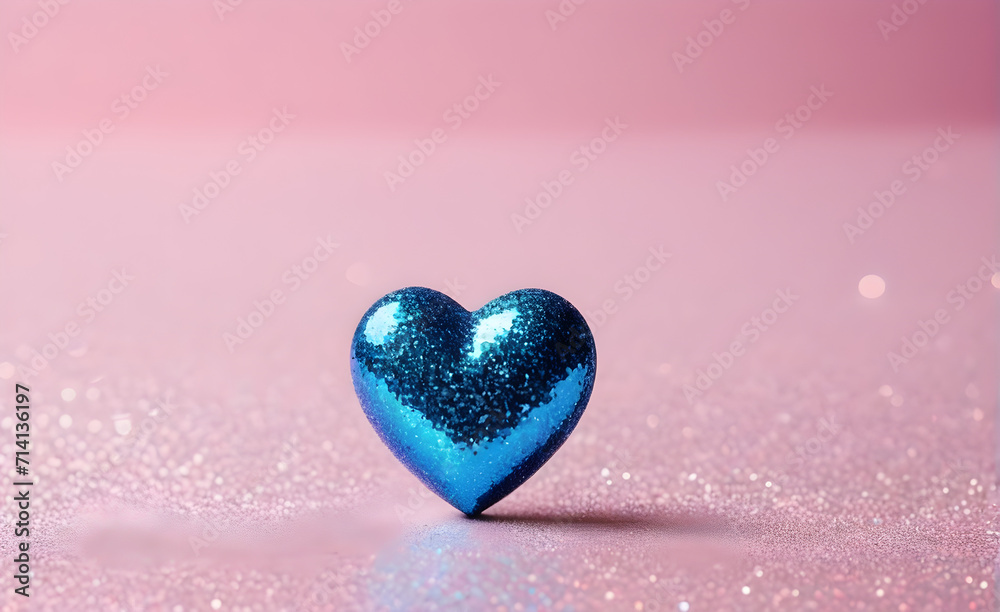 Obraz premium A small blue heart on a sparkling soft pink background. Generative AI