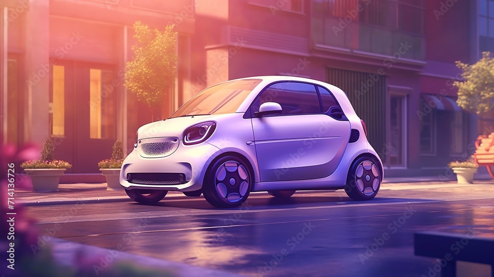 Fototapeta premium Small electric micro car. Due to the super compact size of the cars, Easily be parked in the big city. Modern eco-friendly urban transport. Tiny and funny modern eco transport