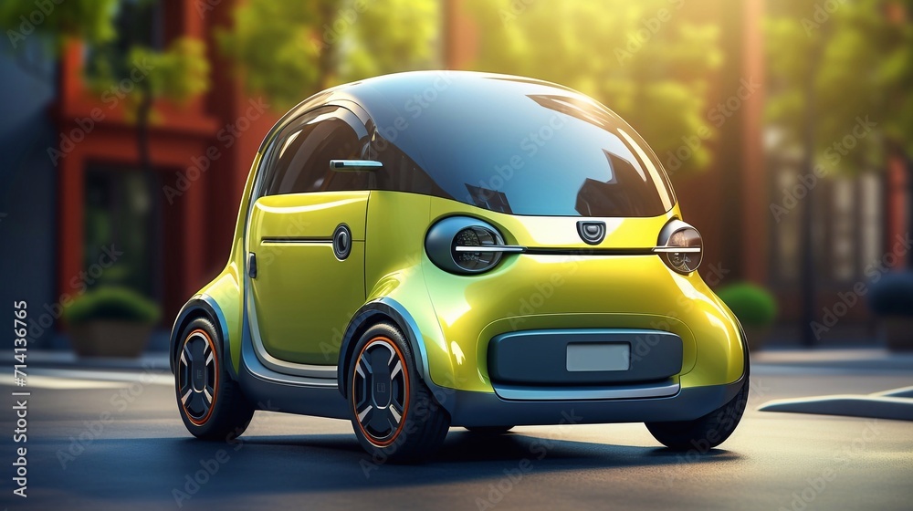 Small electric micro car. Due to the super compact size of the cars, Easily be parked in the big city. Modern eco-friendly urban transport. Tiny and funny modern eco transport Small electric micro car. Due to the super compact size of the cars, Easily be parked in the big city. Modern eco-friendly urban transport. Tiny and funny modern eco transport