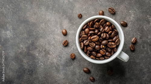 A coffee bean in a white cup, Coffee time, background is gray texture