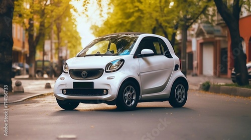 Small electric micro car. Due to the super compact size of the cars, Easily be parked in the big city. Modern eco-friendly urban transport. Tiny and funny modern eco transport