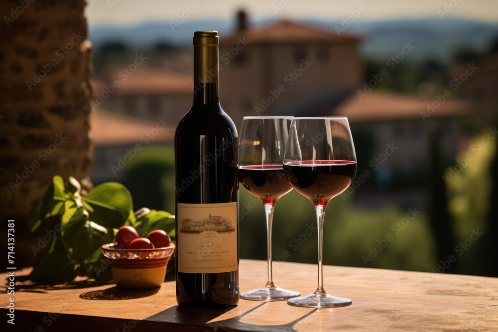 Tuscan Elegance: In Tuscany, Italy, Chianti Classico Comes Alive Under the Intense Sun, with a Table Adorned by a Bottle, Wine Glass, and Sangiovese Grapes.

