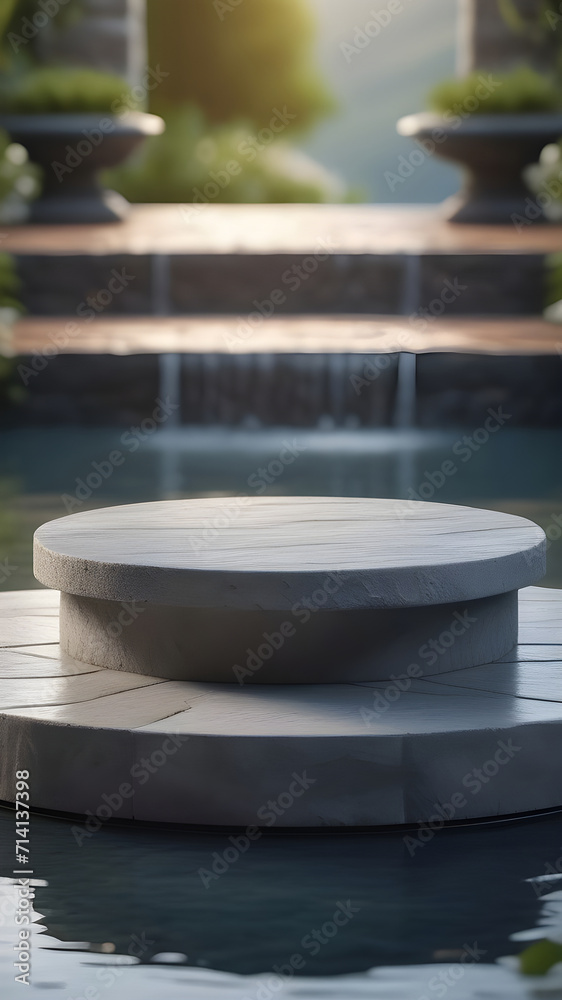 Pedestal, display made of gray stone for the presentation of products on a water background. Pedestal, display made of gray stone for the presentation of products on a water background.