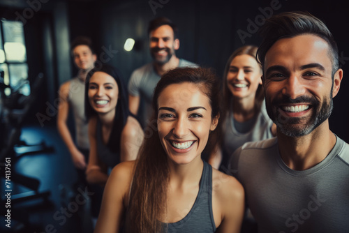 Dynamic workout session with a group practicing cardio and yoga against a studio wall  embodying happiness and health in fitness.