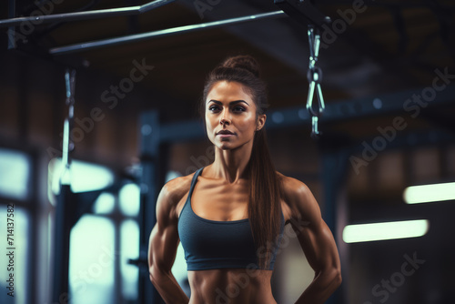 A young woman engaged in cross training, displaying strength and endurance during her gym workout, embodying fitness and health.