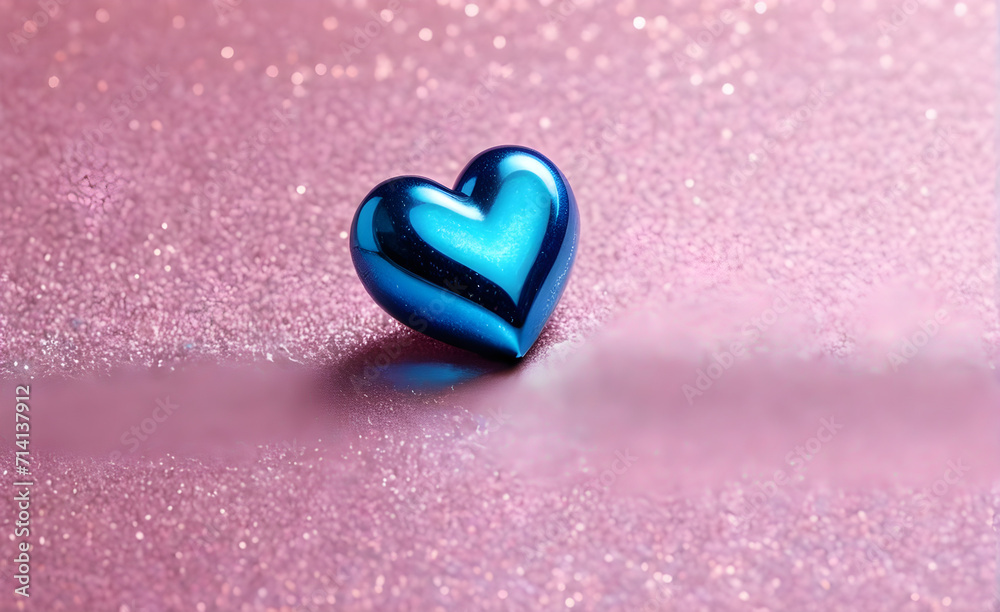 A small blue heart on a sparkling soft pink background. Generative AI