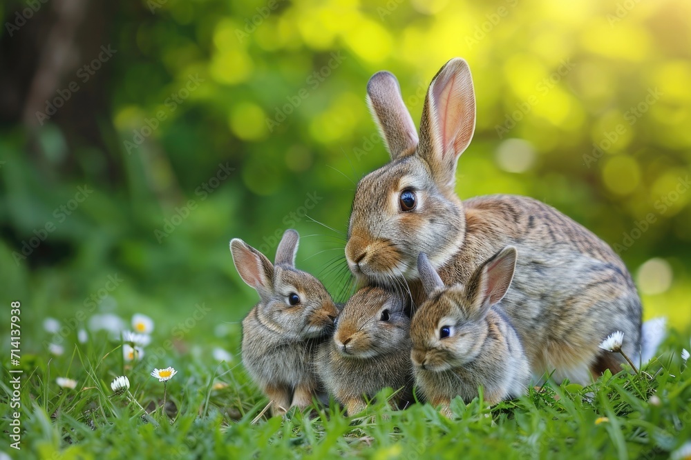 A cute picture of a mother rabbit/bunny with her adorable little one lying in the grass. Generative AI A cute picture of a mother rabbit/bunny with her adorable little one lying in the grass. Generative AI