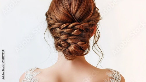 Hairstyle inspiration for brides on their wedding day. Bride showing elegant hairstyle on neutral background. Wedding hairstyle beauty. photo