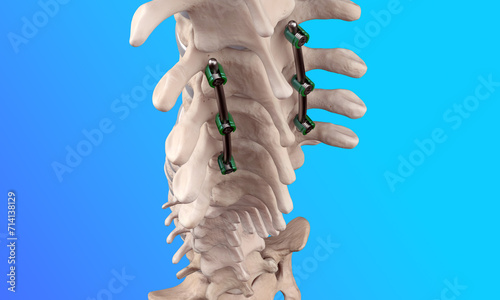  Posterior Thoracic Fusion with Pedicle Screws and Rods on Light Blue Background photo