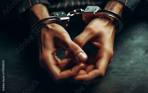 Hands are cuffed The culprit is caught, his freedom is lost, the police catch the thief, close up photo