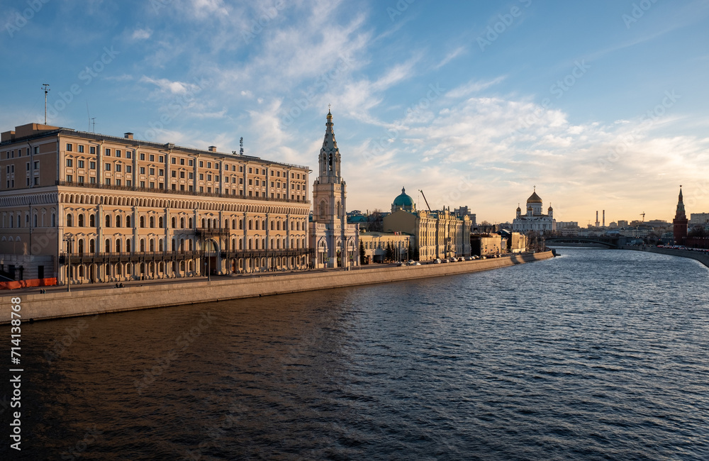 View of the Sofia embankment of the Moskva River in the center of the Russian capital at sunset.