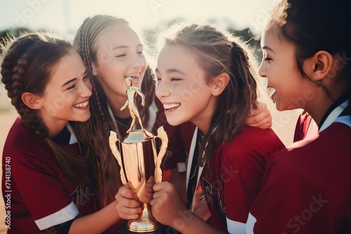 Middle school american girl sport player kissing trophy with cheering teammates photo