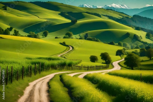 A country road surrounded by emerald meadows