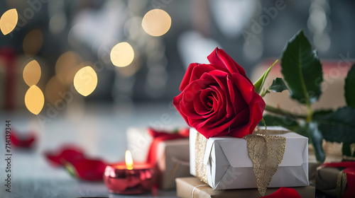 Valentines day banner with flower and gift boxes with copy space,While elegant sleak degin banner of valentine's day. Perfect background for valentine's day date. photo