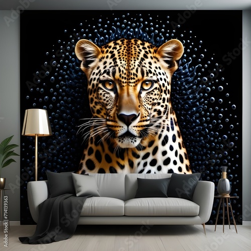 A portrait of a ferrofluid art-inspired leopard wall hanging concept. Wildlife wallpaper  backdrop wall art for home  office. Wildlife art 