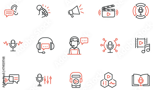 Vector Set of Linear Icons Related to Dubbing Production, Movie Translation, Audio Editing. Mono line pictograms and infographics design elements
