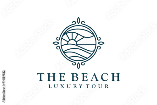 Sunset beach resort logo design, striped line style, travel vacation outdoor icon symbol, water wave symbol element.