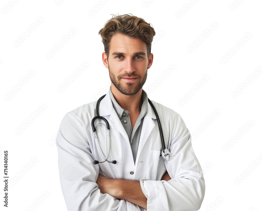 Man doctor in a white coat with a stethoscope looking into the camera on a transparent background, copy space, space for text Man doctor in a white coat with a stethoscope looking into the camera on a transparent background, copy space, space for text