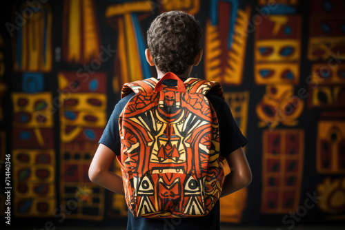 Drawing of kid with patterned bag on his back, back to school. Generative ai