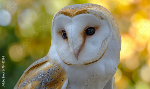 Full face of an owl close-up on a blurred nature background. Common barn owl. Tyto alba.