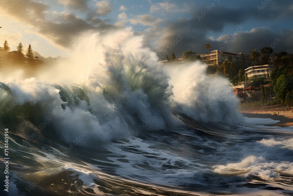 A big wave crashing into a seaside city