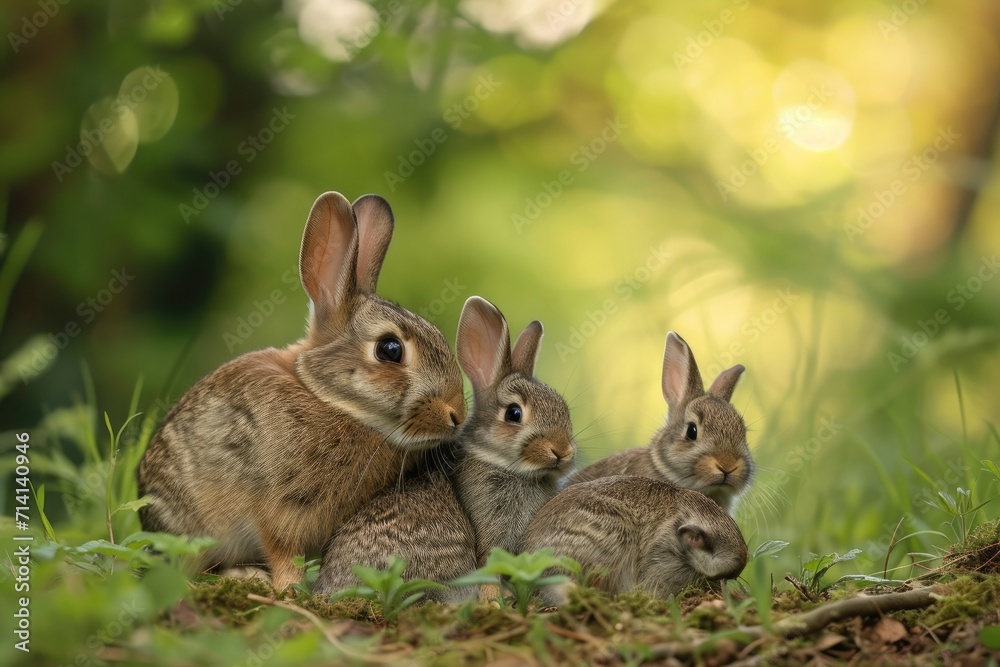 A cute picture of a mother rabbit/bunny with her adorable little one lying in the grass. Generative AI A cute picture of a mother rabbit/bunny with her adorable little one lying in the grass. Generative AI