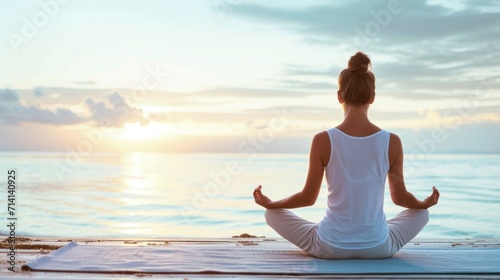 Yoga practitioner at sunrise on a beach, facing the ocean, in a meditative pose, calm sea, soft morning light, tranquil and serene ambiance © 18042011