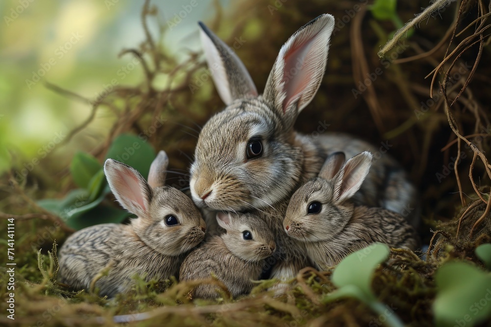 A cute picture of a mother rabbit/bunny with her adorable little one lying in the grass. Generative AI A cute picture of a mother rabbit/bunny with her adorable little one lying in the grass. Generative AI