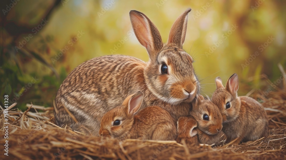 A cute picture of a mother rabbit/bunny with her adorable little one lying in the grass. Generative AI A cute picture of a mother rabbit/bunny with her adorable little one lying in the grass. Generative AI