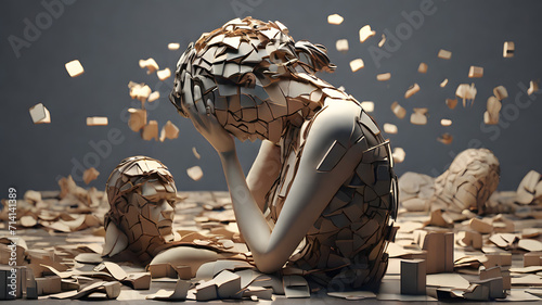 Fragmented figures representing different aspects of mental health struggles - AI