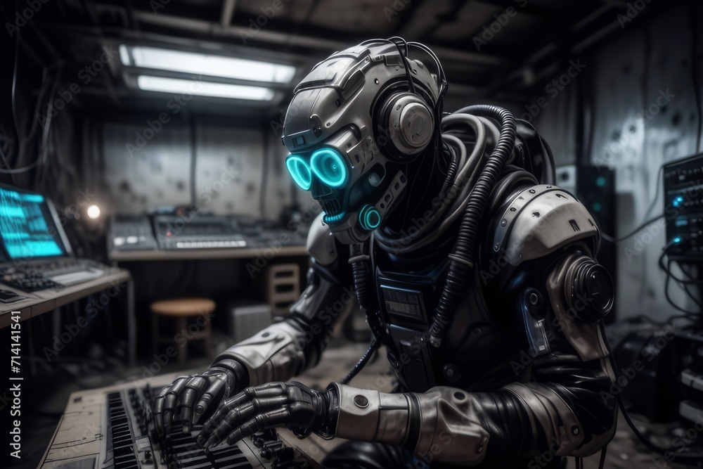 cyborg robot in a abandoned room created with generative AI software. cyborg robot in a abandoned room created with generative AI software.