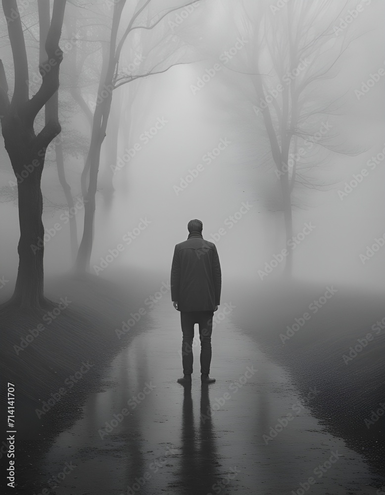 lonely man in fog, looking away, loneliness, isolation